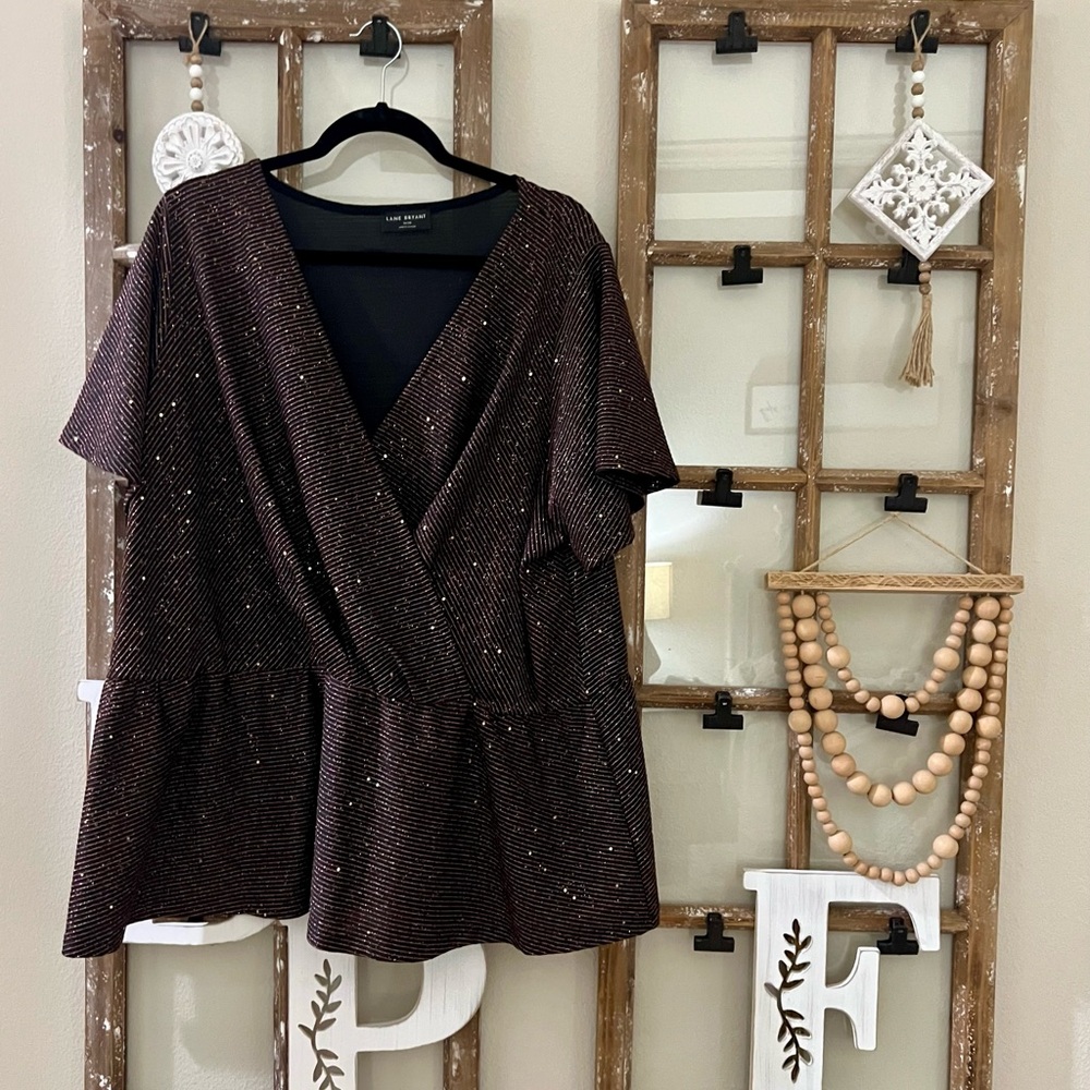 Lane Bryant Brown Metallic Wrap Peplum Top